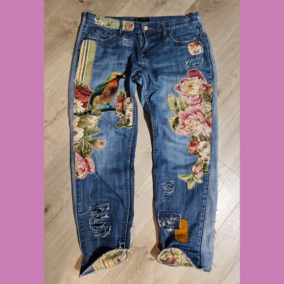 MJK Denim - Floral Bird Upcycled art jeans 33 x 27 altered boyfriend distressed applique